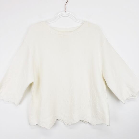 J.O.A Los Angeles Cream 3/4 Sleeve Light‎ Knit Top Scalloped Hem Size Medium - Picture 9 of 11